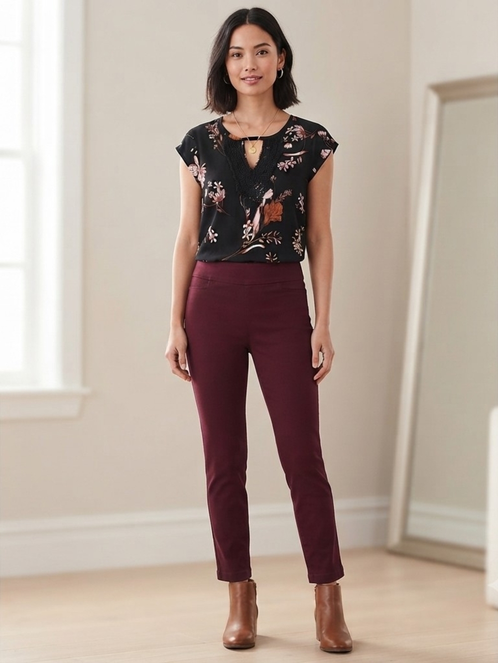 Daniel Rainn Floral Black Crochet Top St John Bay Ankle Pants Wine Size 14 #33